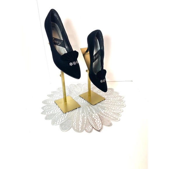 Vintage Tavoy Blk Velvet Rhinestone Pleated Fan Pointed Toe Stiletto Pumps Heel - Picture 3 of 10